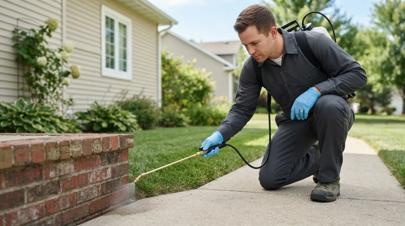 Pest control technician treating a home near Boonville, IN